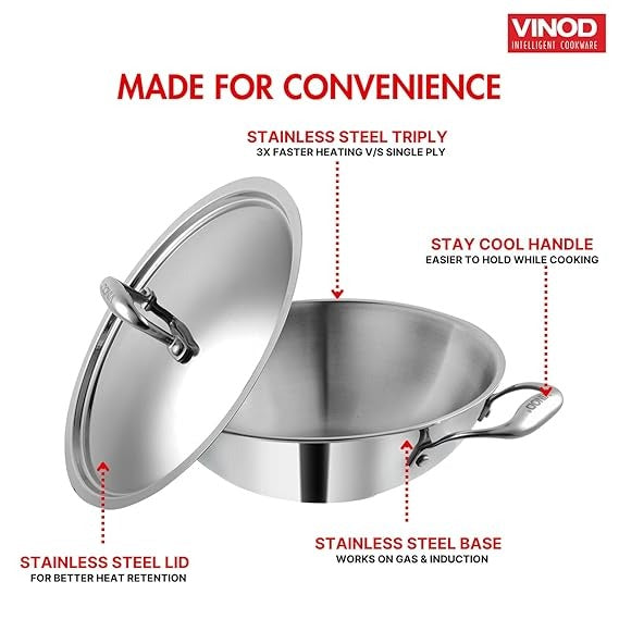 Vinod Platinum Triply Stainless Steel Kadai with Lid, Induction Friendly (8 L)