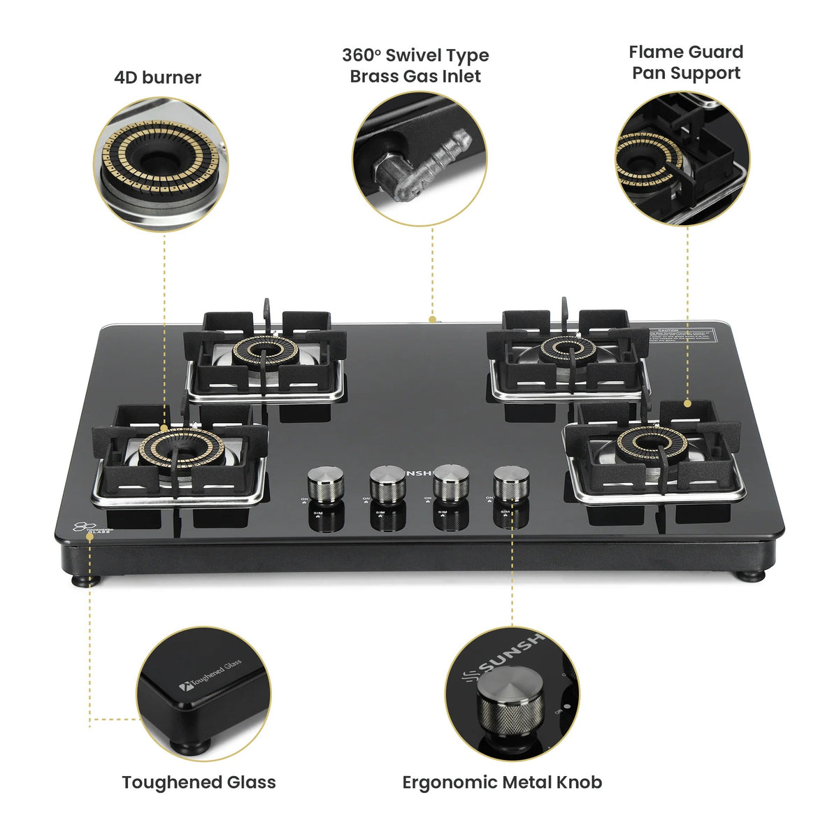 Sunshine Shine Hob Gas Stove (4 Burner, Auto Ignition)