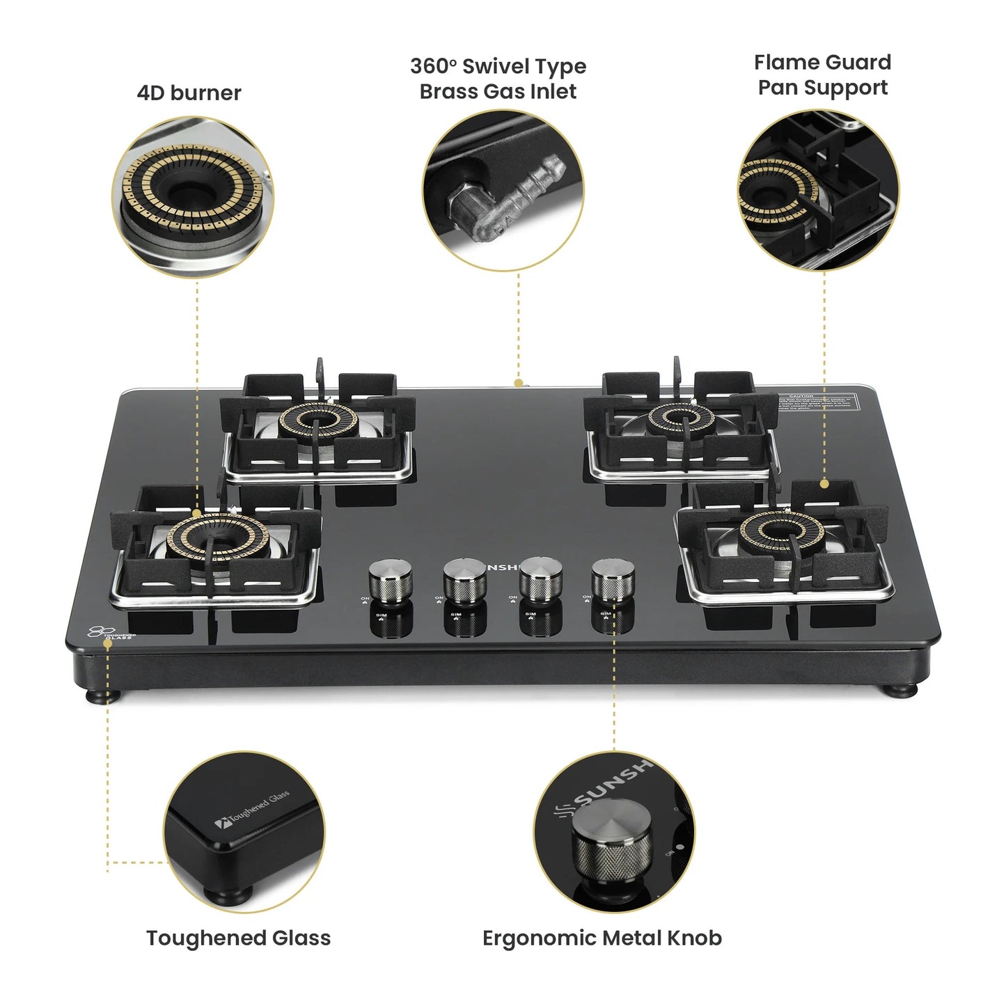 Sunshine Shine Hob Gas Stove (4 Burner, Auto Ignition)