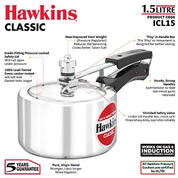 Hawkins Classic Induction Pressure Cooker (1.5 Litre, Aluminium Pressure Cooker) (ICL 15)