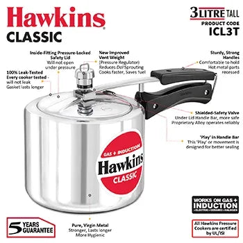 Hawkins Classic Induction Pressure Cooker (3 Litre, Aluminium Pressure Cooker) (ICL 3T)