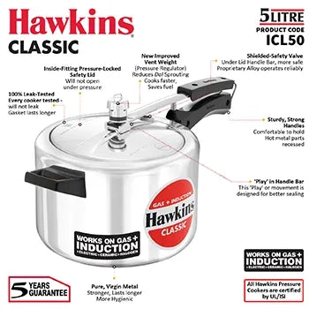 Hawkins Classic Induction Pressure Cooker (5 Litre, Aluminium Inner Lid Cooker) (ICL 50)