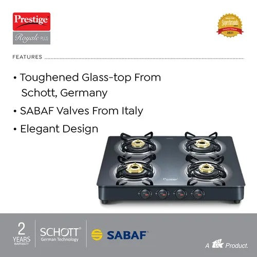 Prestige Royale Plus Glass Top Gas Stove, Powder Coated Body (4 Burner, Manual Ignition)
