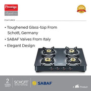 Prestige Royale Plus Glass Top Gas Stove, Powder Coated Body (4 Burner, Manual Ignition)
