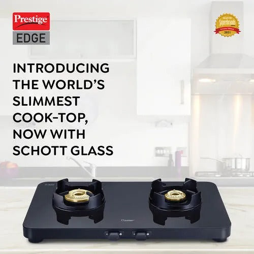 Prestige Edge Glass Top Gas Stove, Powder Coated Body with Aluminium Frame (2 Burner, Manual Ignition)