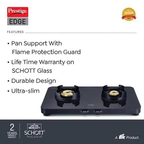 Prestige Edge Glass Top Gas Stove, Powder Coated Body with Aluminium Frame (2 Burner, Manual Ignition)