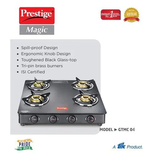 Prestige Magic Glass Top Gas Stove (4 Burner, Powder Coated Body)