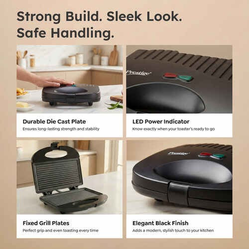 Prestige PGFSP Spatter Coated Non-Stick Sandwich Toaster (Black, 800W)