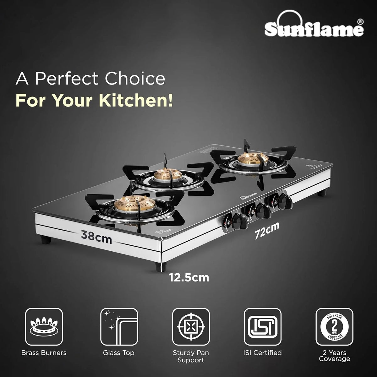 Sunflame Crystal Toughened Glass Top Gas Stove (3 Burner, Manual Ignition)