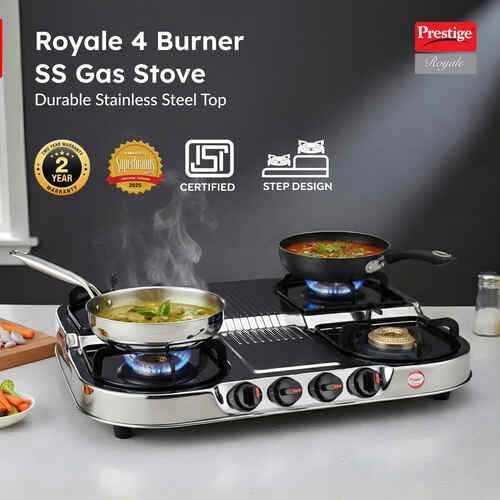Prestige Royale Stainless Steel Gas Stove (4 Burner, Manual Ignition)