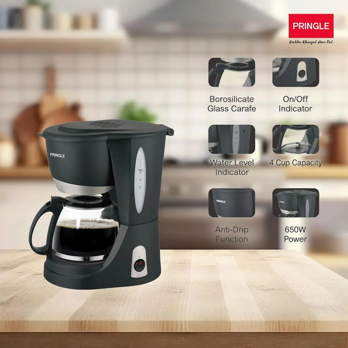 Pringle Mocha 4-Cup Drip Coffee Maker (Black, 600ml)