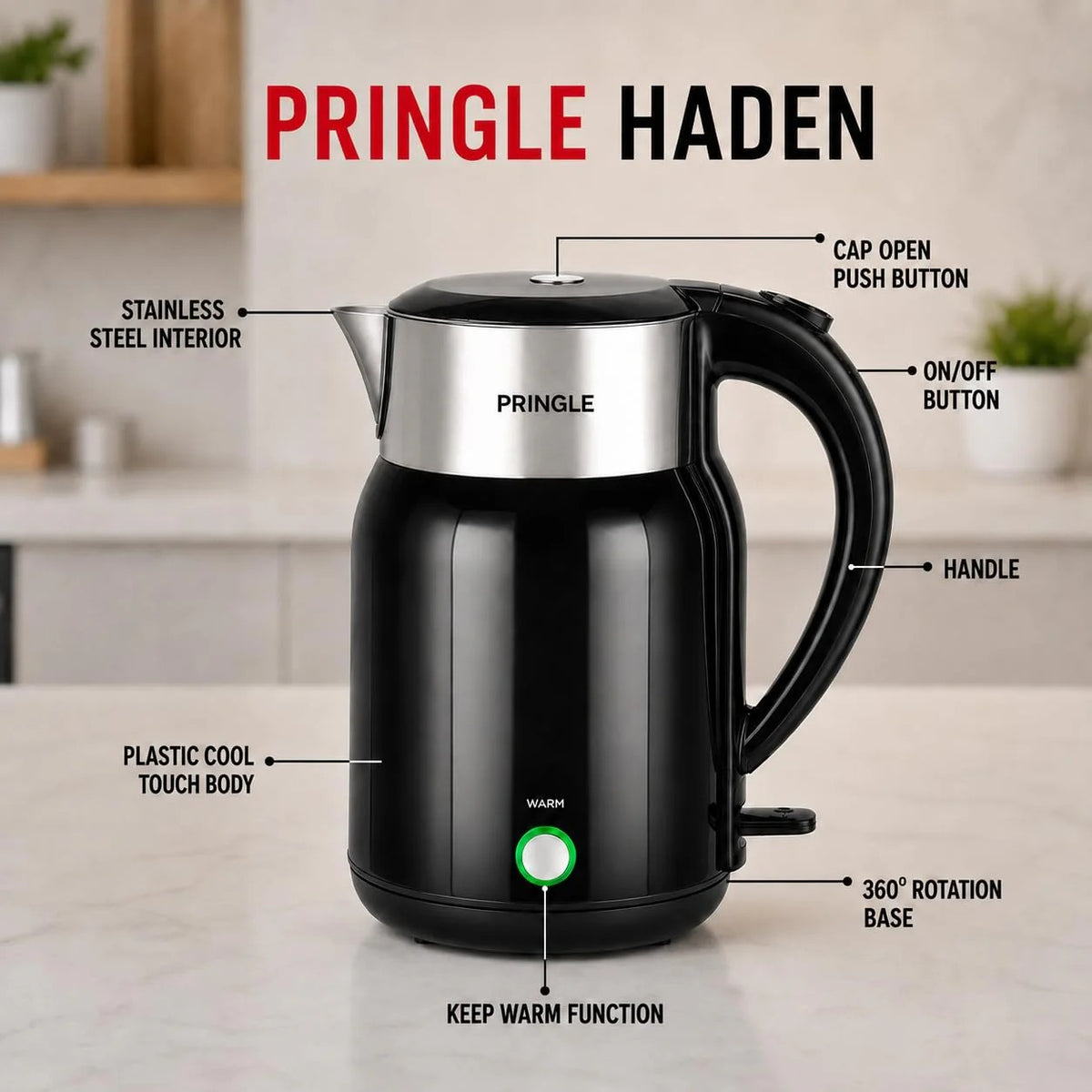 Pringle Haden Electric Kettle (Black, 1.8 Litre)