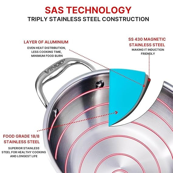 Vinod Platinum Triply Stainless Steel Kadai with Lid, Induction Friendly (8 L)