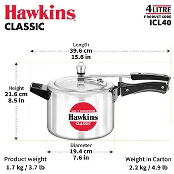 Hawkins Classic Induction Pressure Cooker (4 Litre, Aluminium Inner Lid Cooker) (ICL 40)