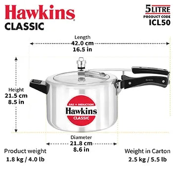 Hawkins Classic Induction Pressure Cooker (5 Litre, Aluminium Inner Lid Cooker) (ICL 50)