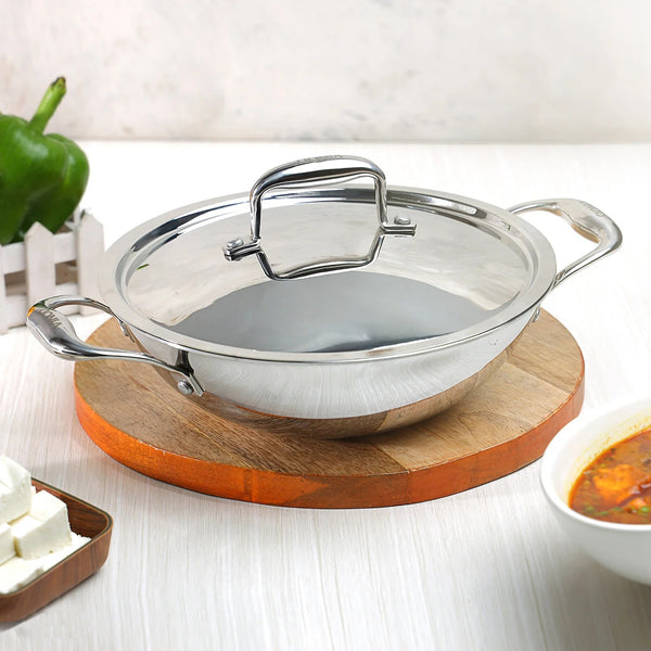 Vinod Platinum Triply Stainless Steel Kadai with Lid, Induction Friendly (5.5 L)