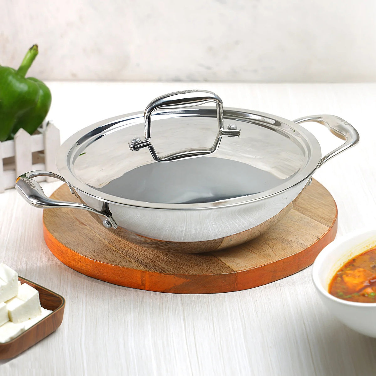 Vinod Platinum Triply Stainless Steel Kadai with Lid, Induction Friendly (8 L)