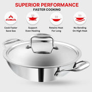 Vinod Platinum Triply Stainless Steel Extra Deep Kadai with Lid (24 cm) (3.2 L)