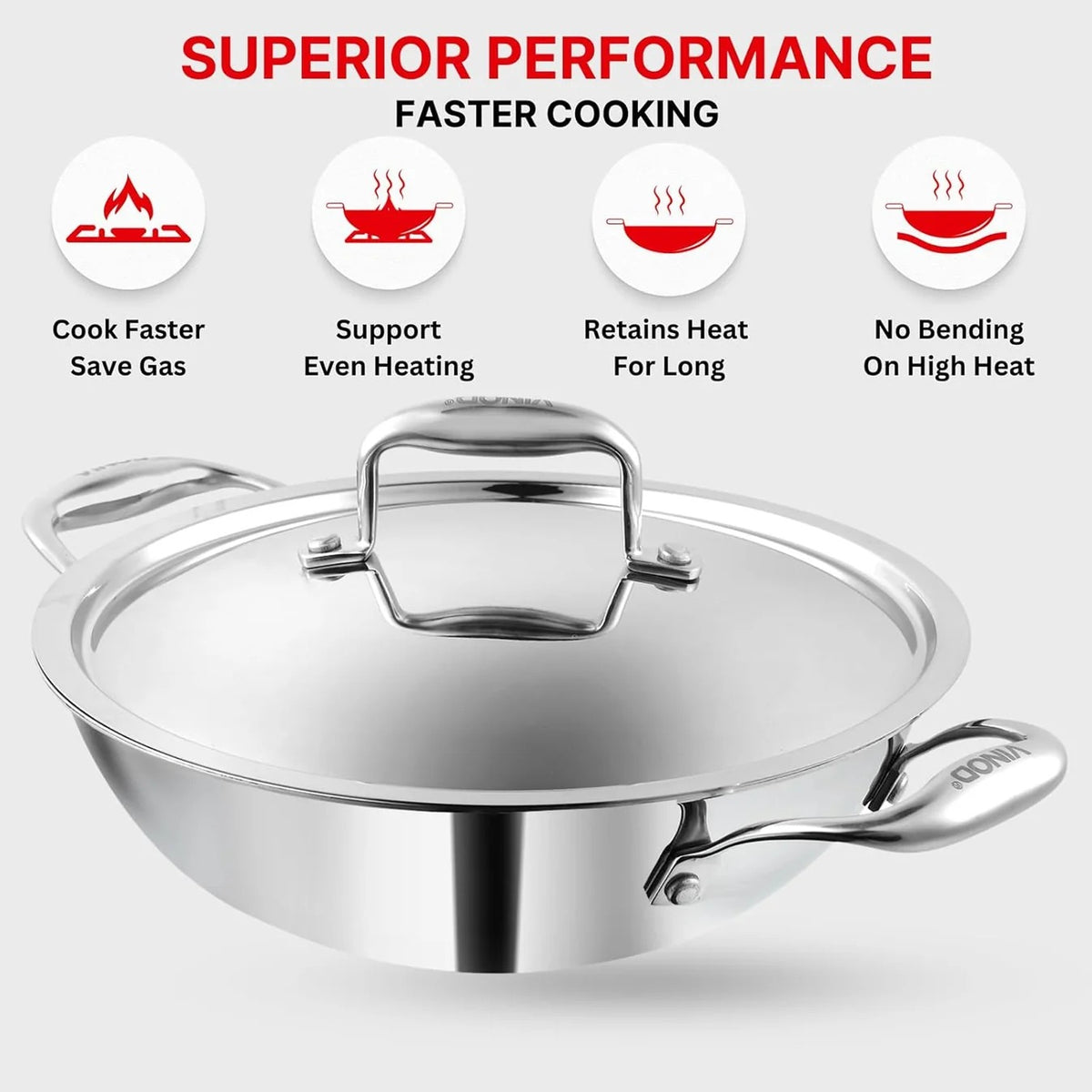 Vinod Platinum Triply Stainless Steel Extra Deep Kadai with Lid (22 cm) (2.5 L)