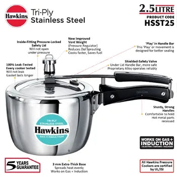 Hawkins Tri-Ply Stainless Steel Pressure Cooker (2.5 Litre, Induction Compatible) (HSST 25)