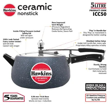 Hawkins Ceramic Pressure Cooker (5 Litre, Induction Compatible) (ICC 50)