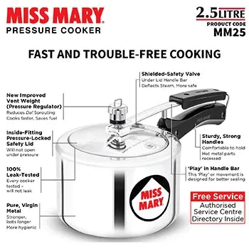Hawkins Miss Mary Pressure Cooker (2.5 Litre, Aluminium Pressure Cooker) (MM 25)