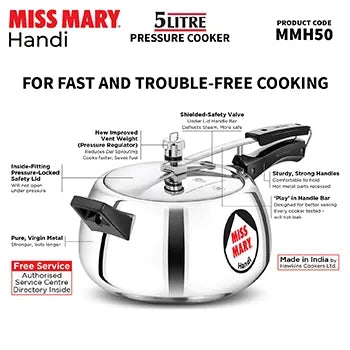 Hawkins Miss Mary Handi Pressure Cooker (5 Litre, Aluminium Handi Cooker) (MMH 50)
