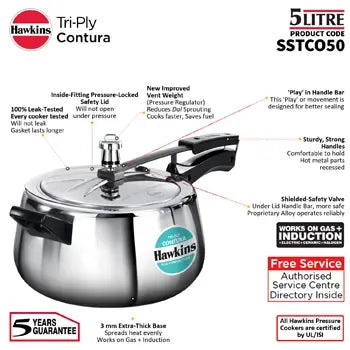 Hawkins Tri-Ply Stainless Steel Contura Pressure Cooker (5 Litre, Induction Compatible) (SSTCO 50)
