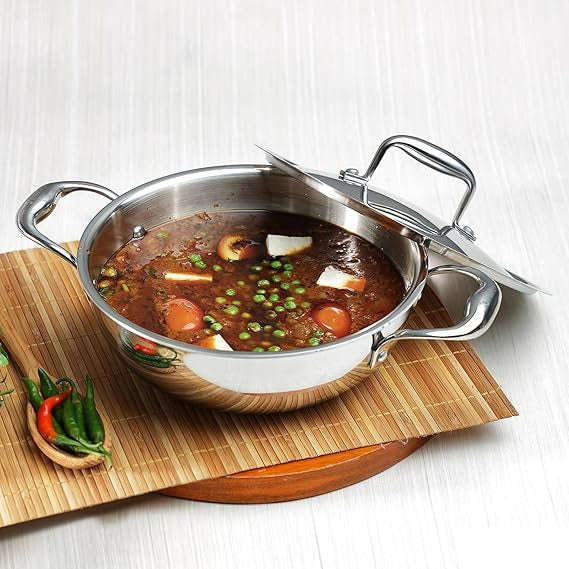 Vinod Platinum Triply Stainless Steel Kadai with Lid, Induction Friendly (8 L)