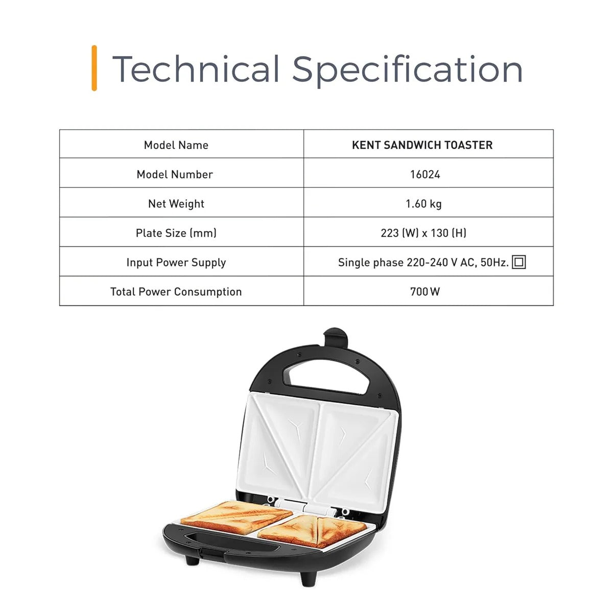Kent Sandwich Toaster (Black, 700W)