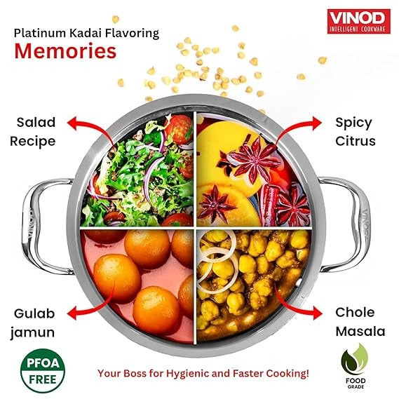Vinod Platinum Triply Stainless Steel Kadai with Lid, Induction Friendly (8 L)