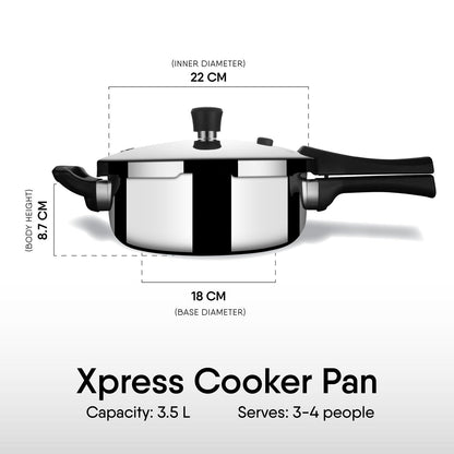 Stahl Xpress 3.5 Litre Triply Stainless Steel Cooker Pan Inner Lid Pressure Cooker Pan ISI Certified Induction Compatible Serves 3–5